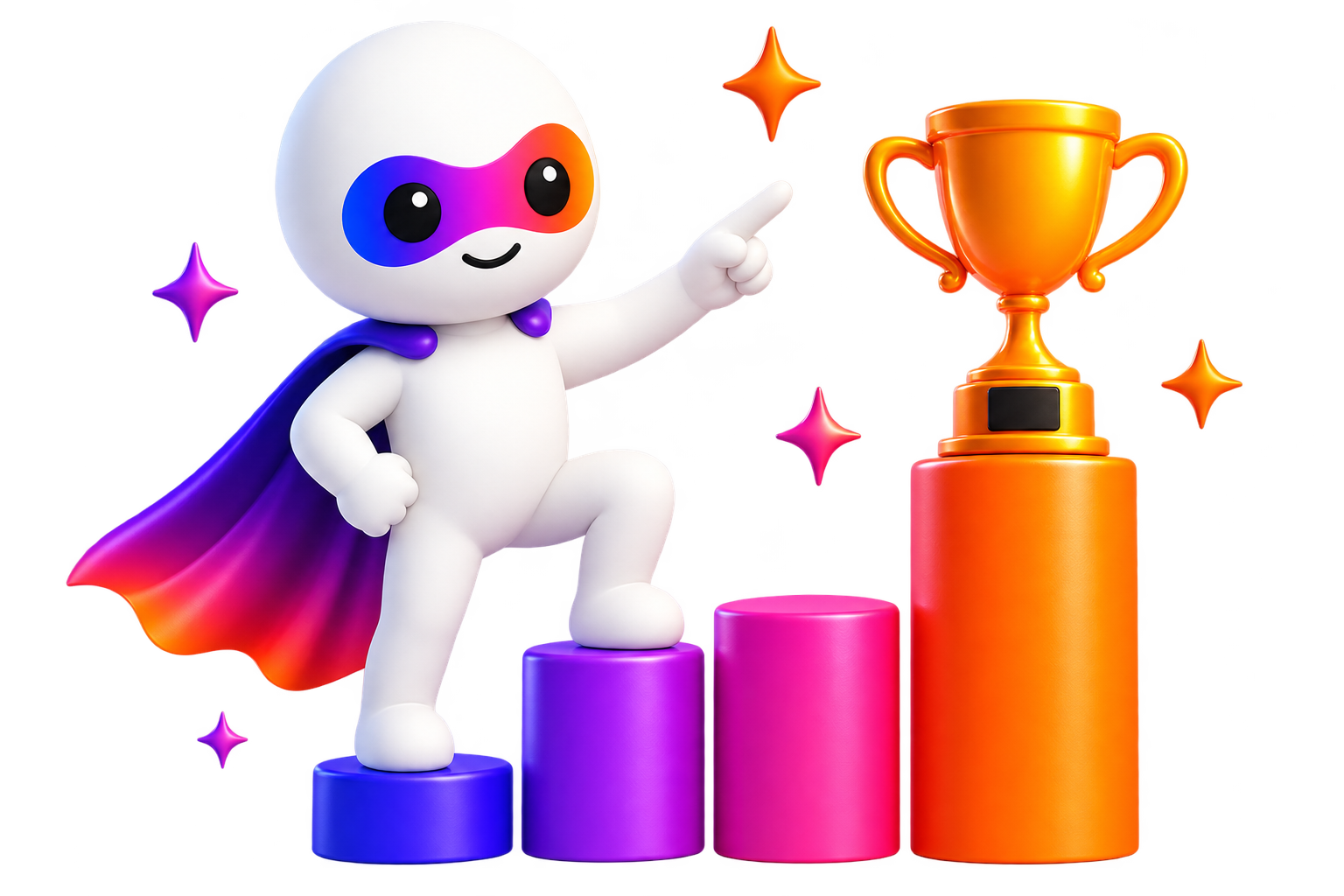 The mascot showing the growth dashboard: active campaigns, visibility and the monthly report